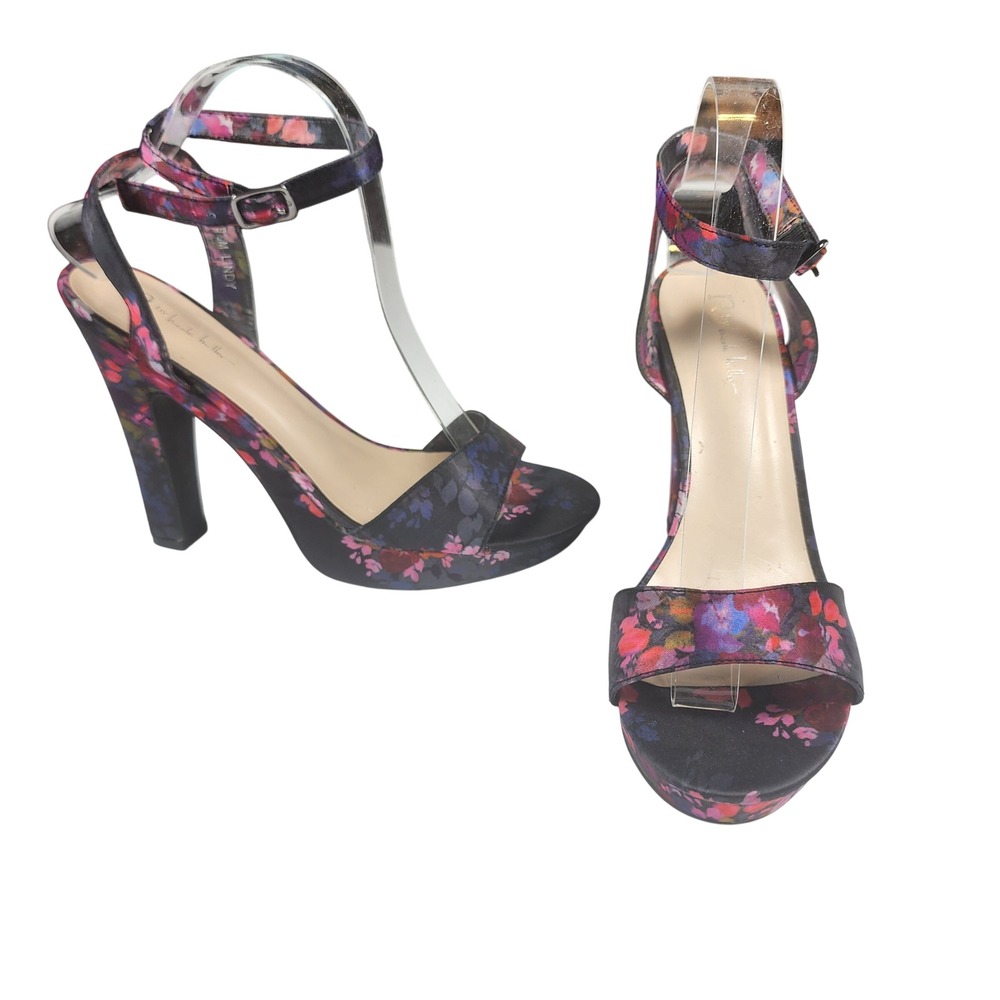 Nicole Miller Lindy Platform Sandals Womens 9.5 Black Floral Ankle Strap Heels